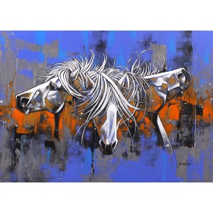 Momin Khan, 30 x 42 Inch, Acrylic on Canvas, Horse Painting, AC-MK-094